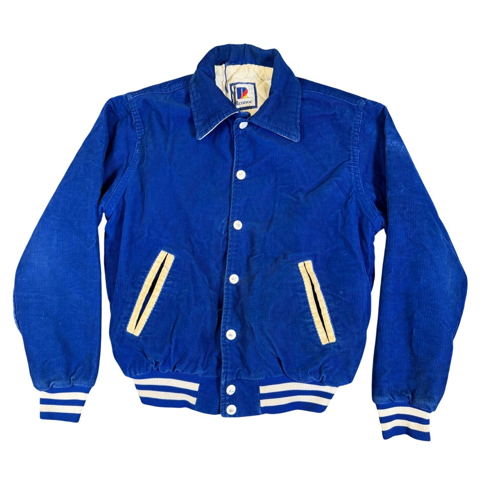Vintage Rennoc Corduroy Varsity Jacket Blue Quilted Lined Bomber Youth L 14-16